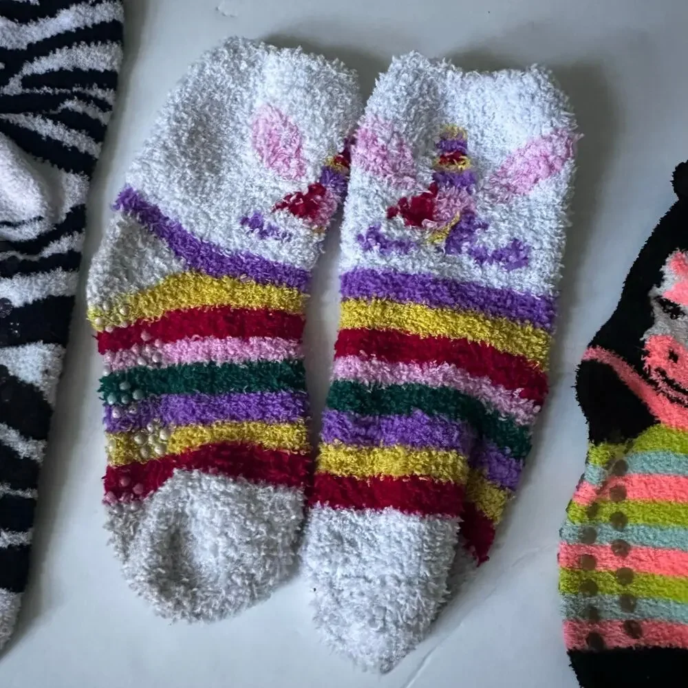Girls Animal Print Fuzzy Socks with Grips - 3 Pairs